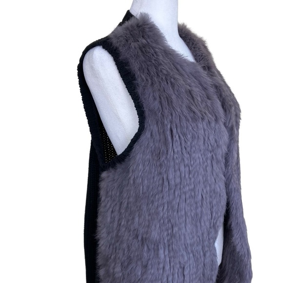 525 America Luxe Gray Rabbit Fur Open Front Vest With Chunky Knit Back Luxury M - Picture 3 of 16